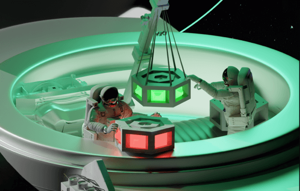 two astronauts work inside the repository of a space station