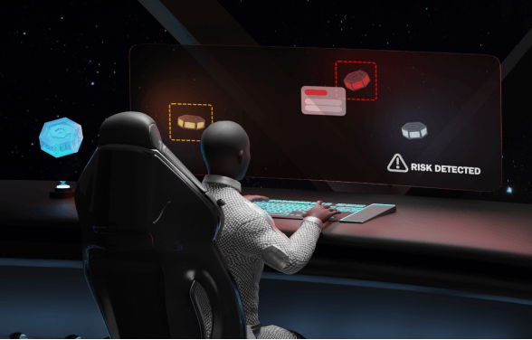 a compliance officer monitors a dashboard on a space station