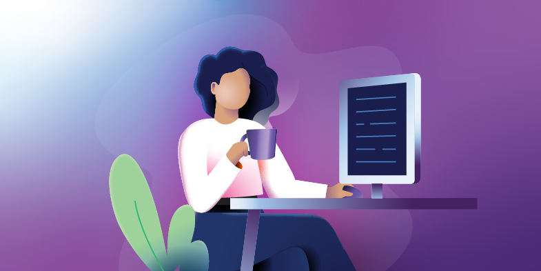a calm developer sits at computer with hot drink