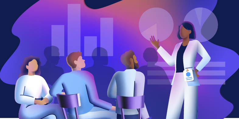 a person presents charts to a team