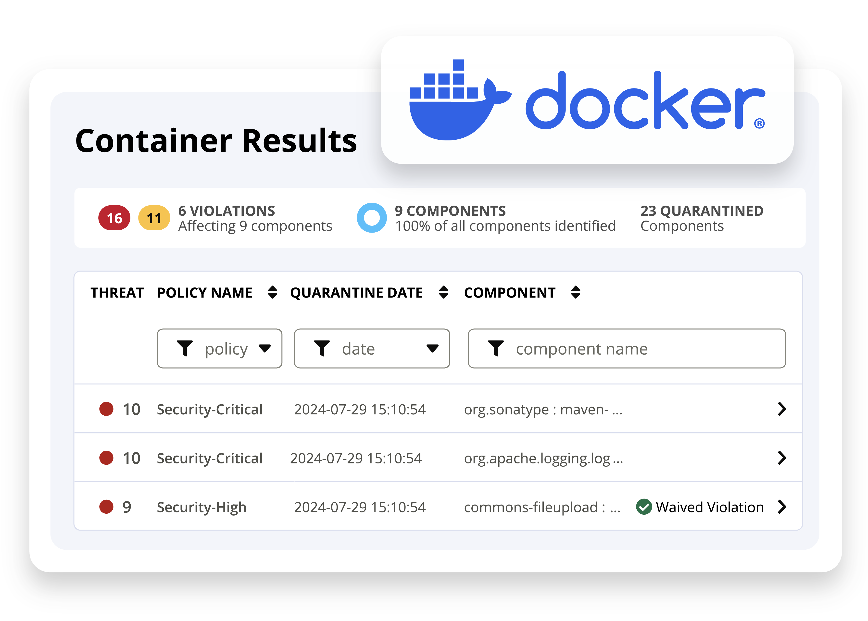 Sonatype Repository Firewall container results for Docker builds.