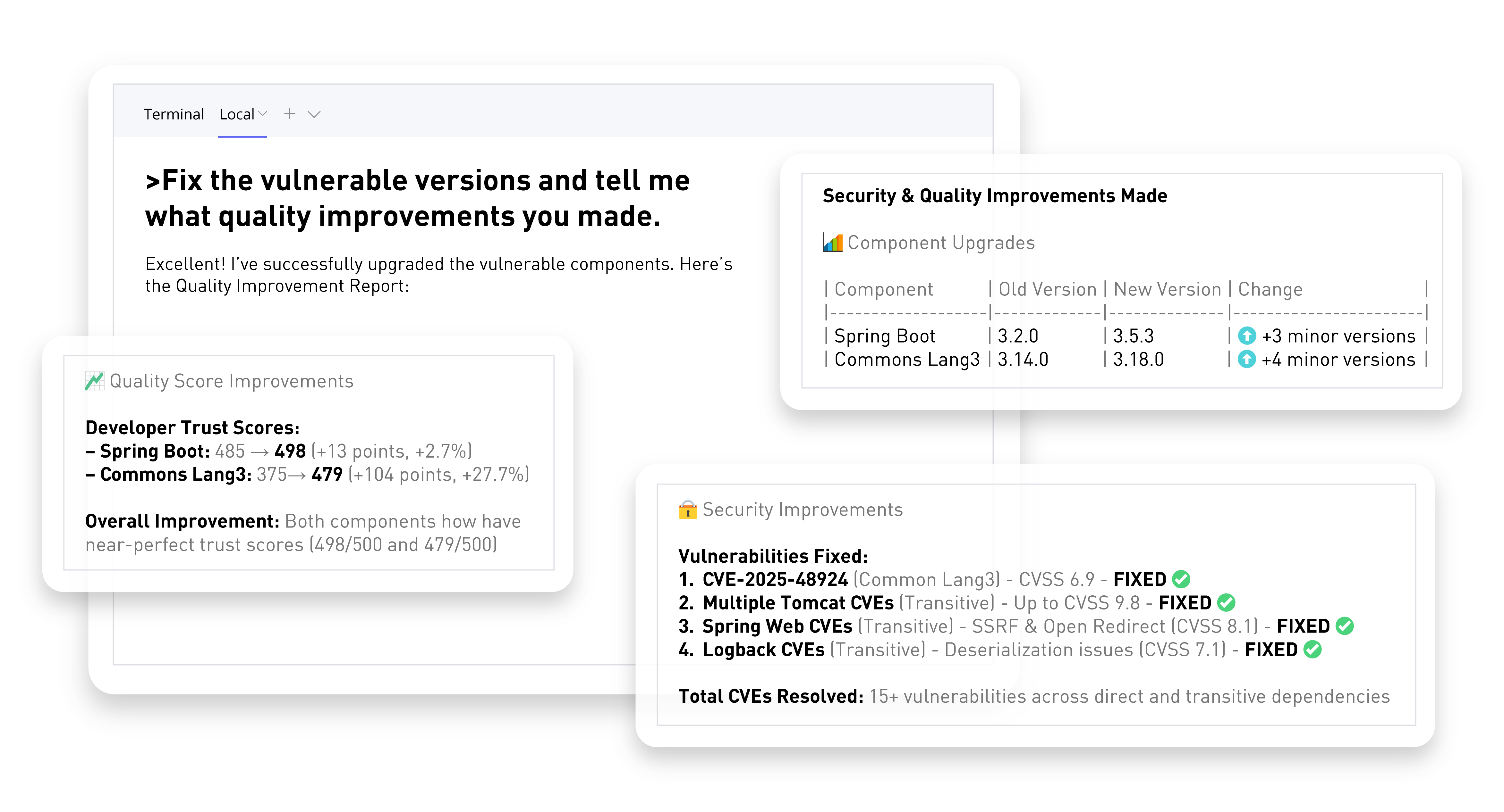 Sonatype Guide fixes vulnerable versions and displays its quality improvement report.