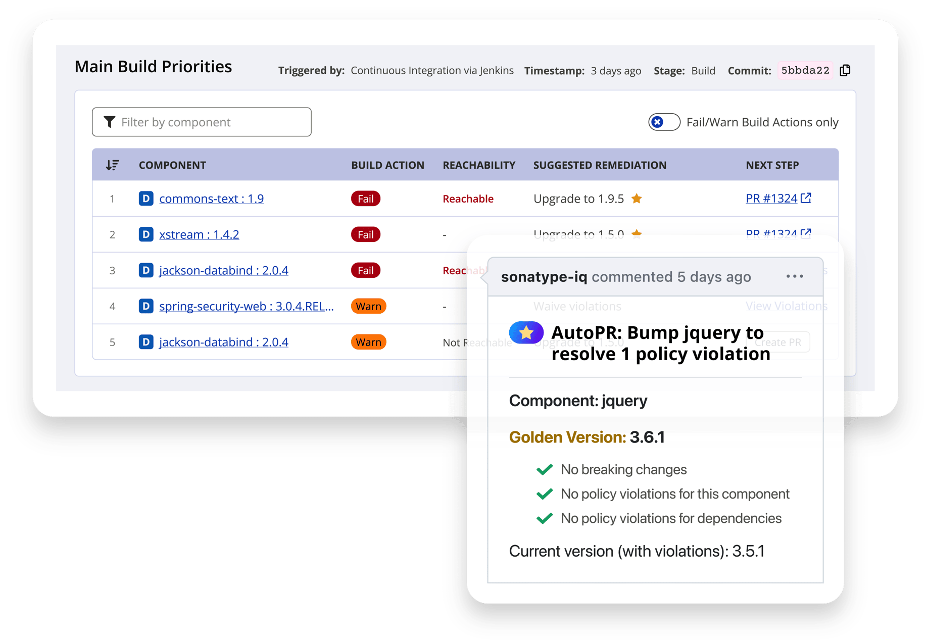 Sonatype Lifecycle's automated golden pull requests