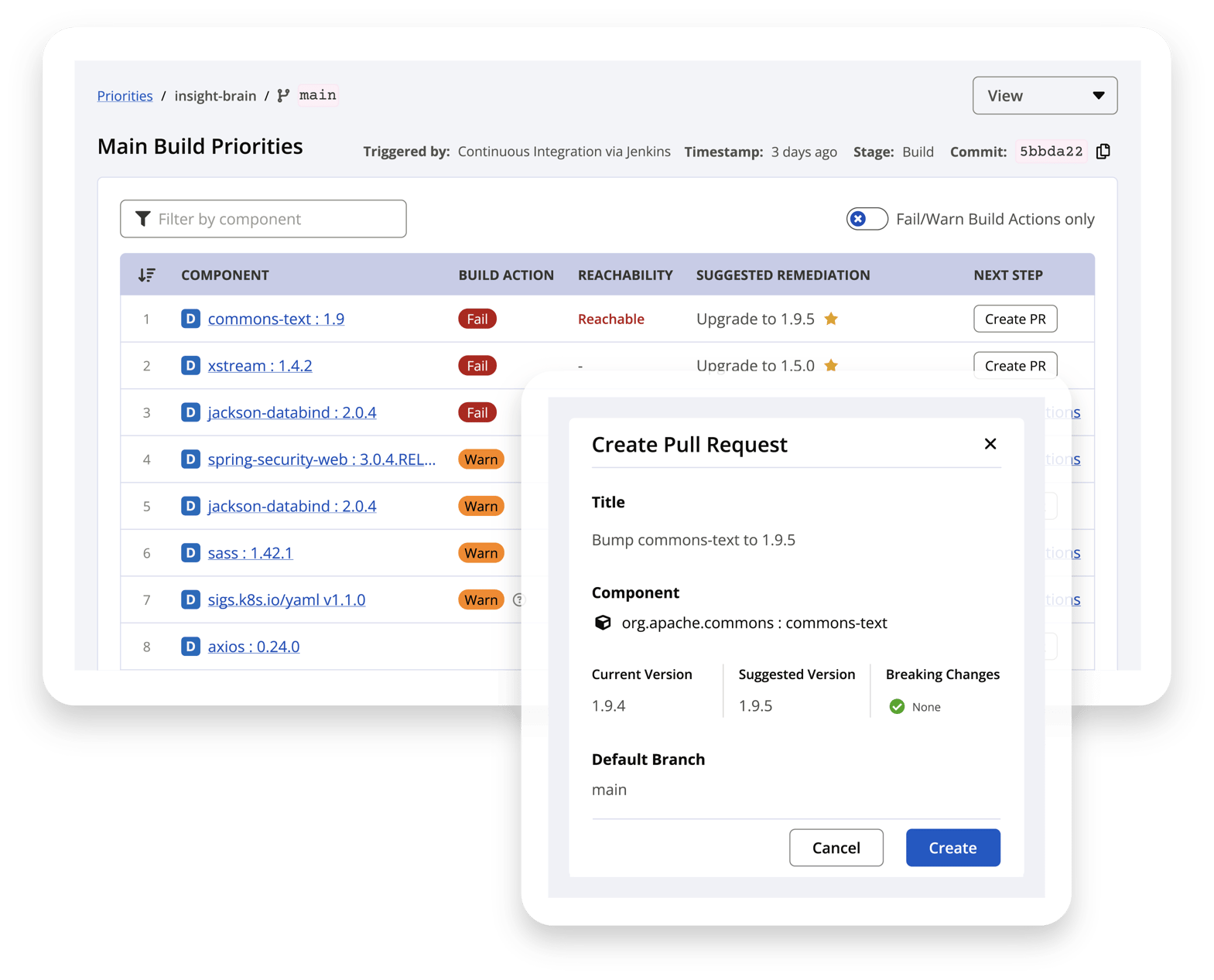Sonatype Lifecycle's flexible policy engine enables pull requests.