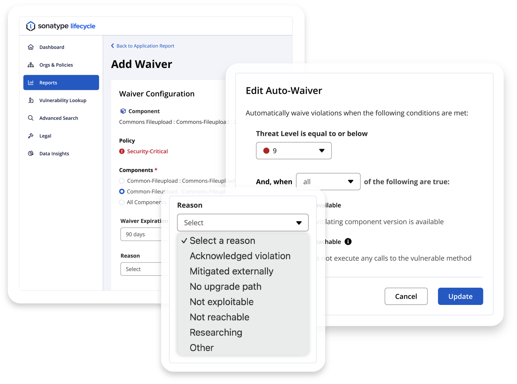 Sonatype Lifecycle's ability to set automated waivers and exemptions.