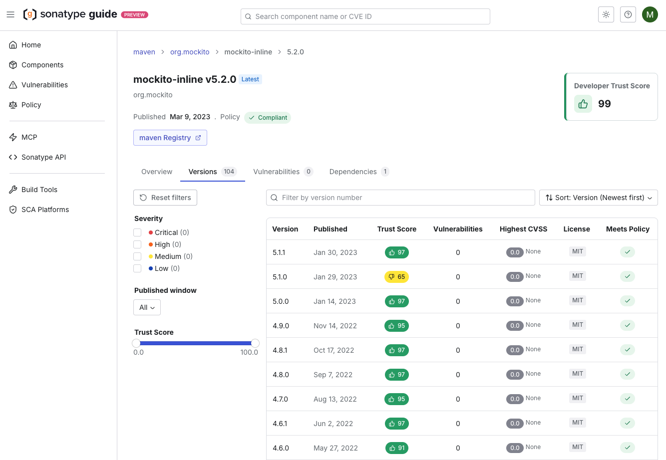 In-depth view of component intelligence within Sonatype Guide.