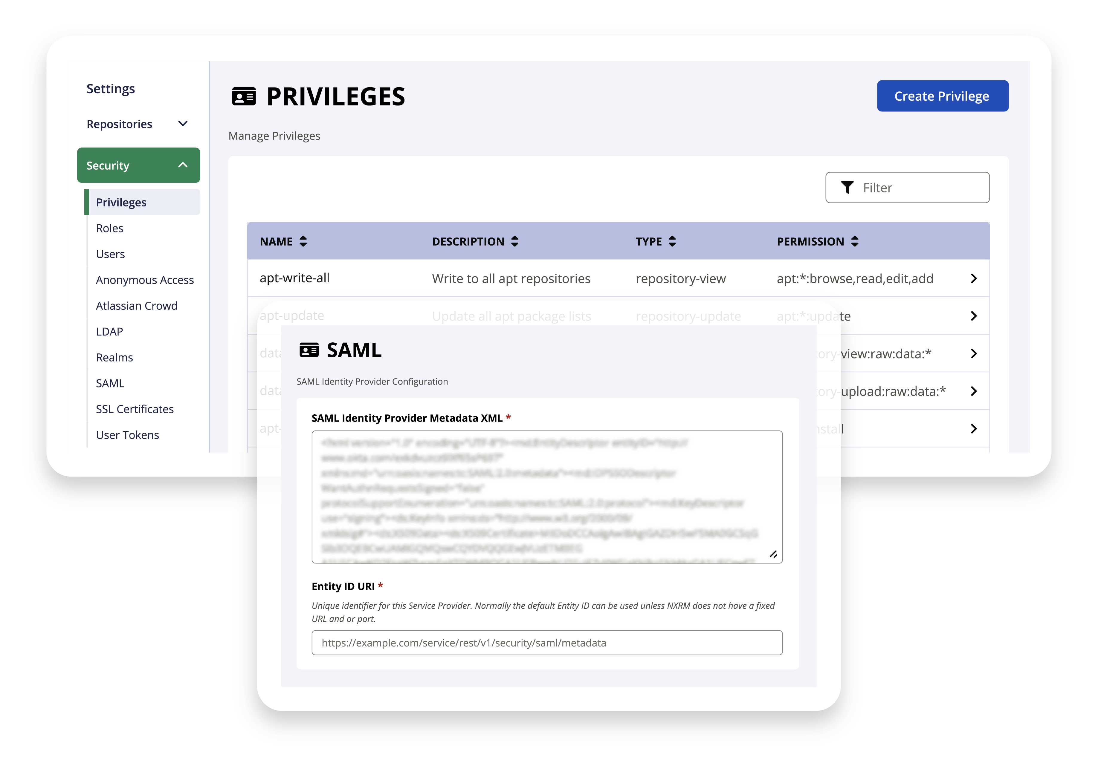 Sonatype Nexus Repository secure access privileges with SAML