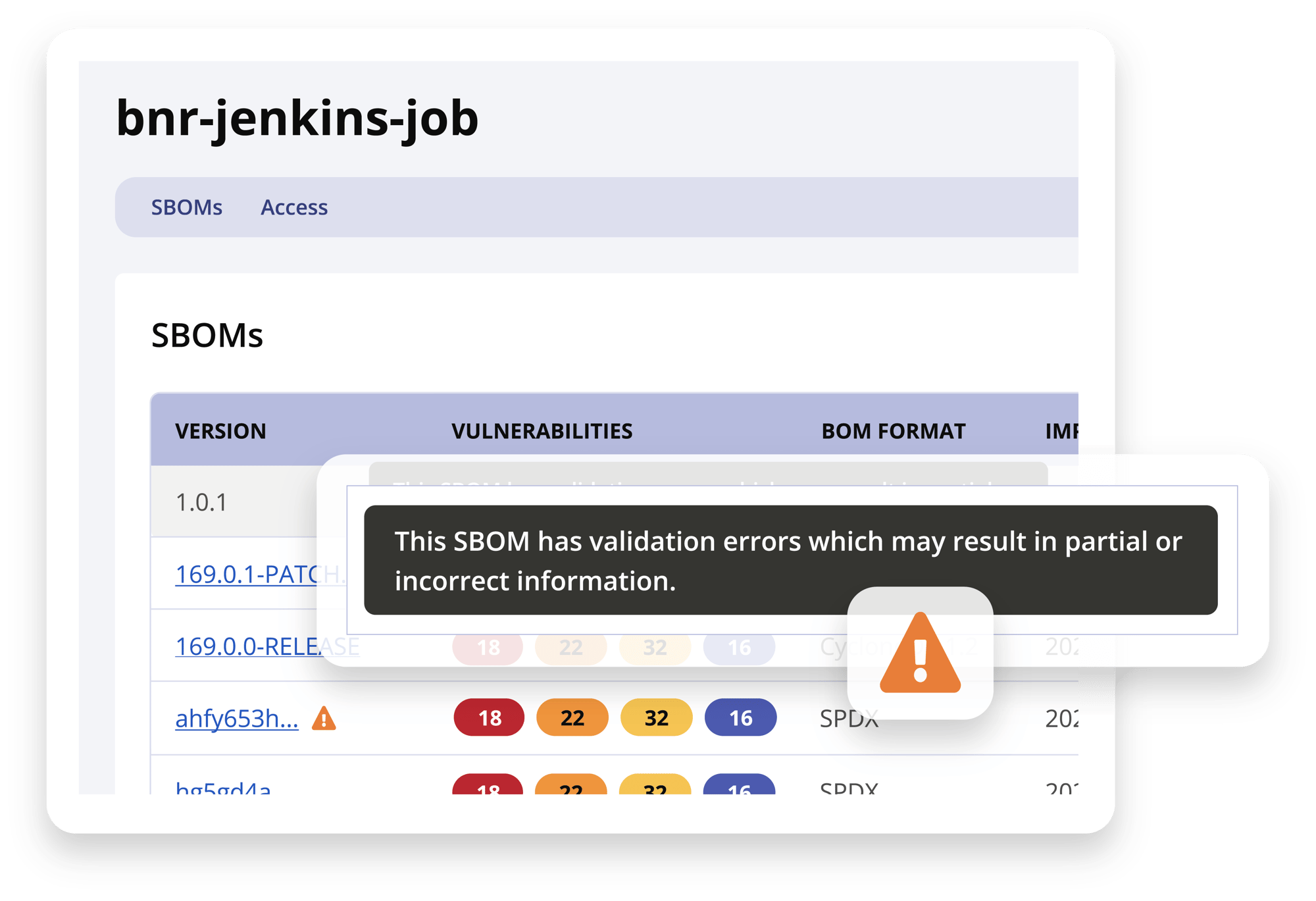 SBOM Manager alerting the user about validation errors in an SBOM.