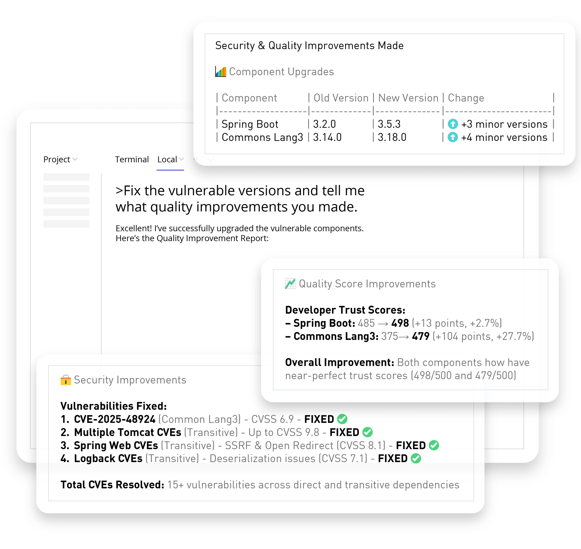 Sonatype Guide view of dependency management within an Ai agent.