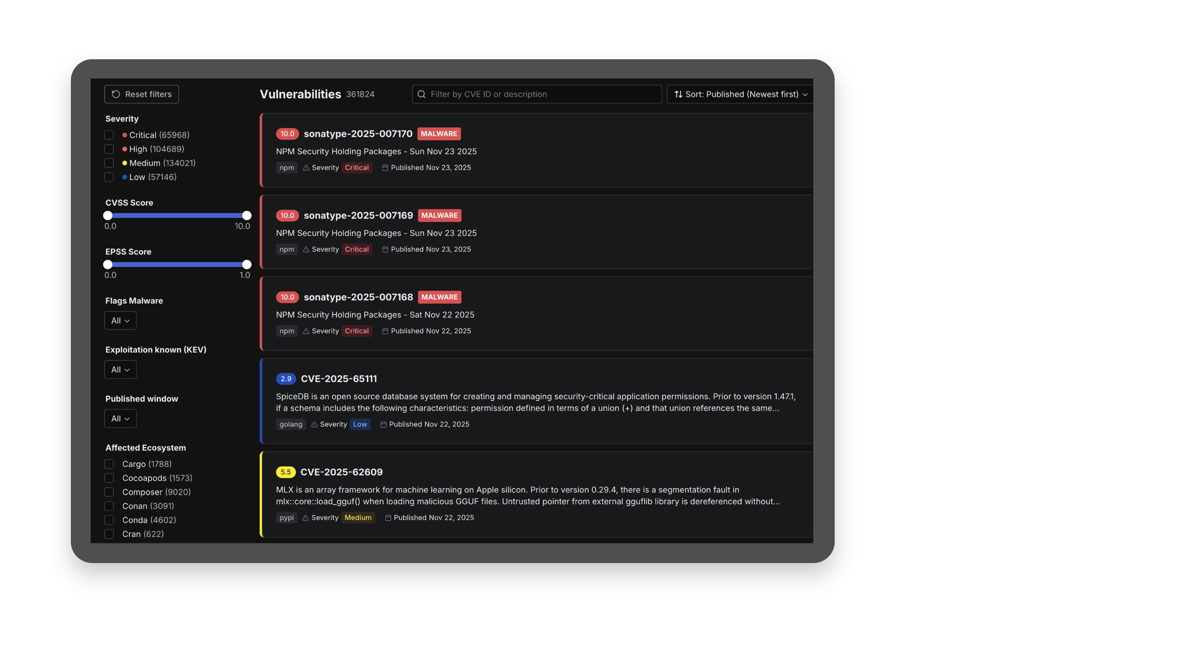 List view of CVEs to explore within Sonatype Guide.