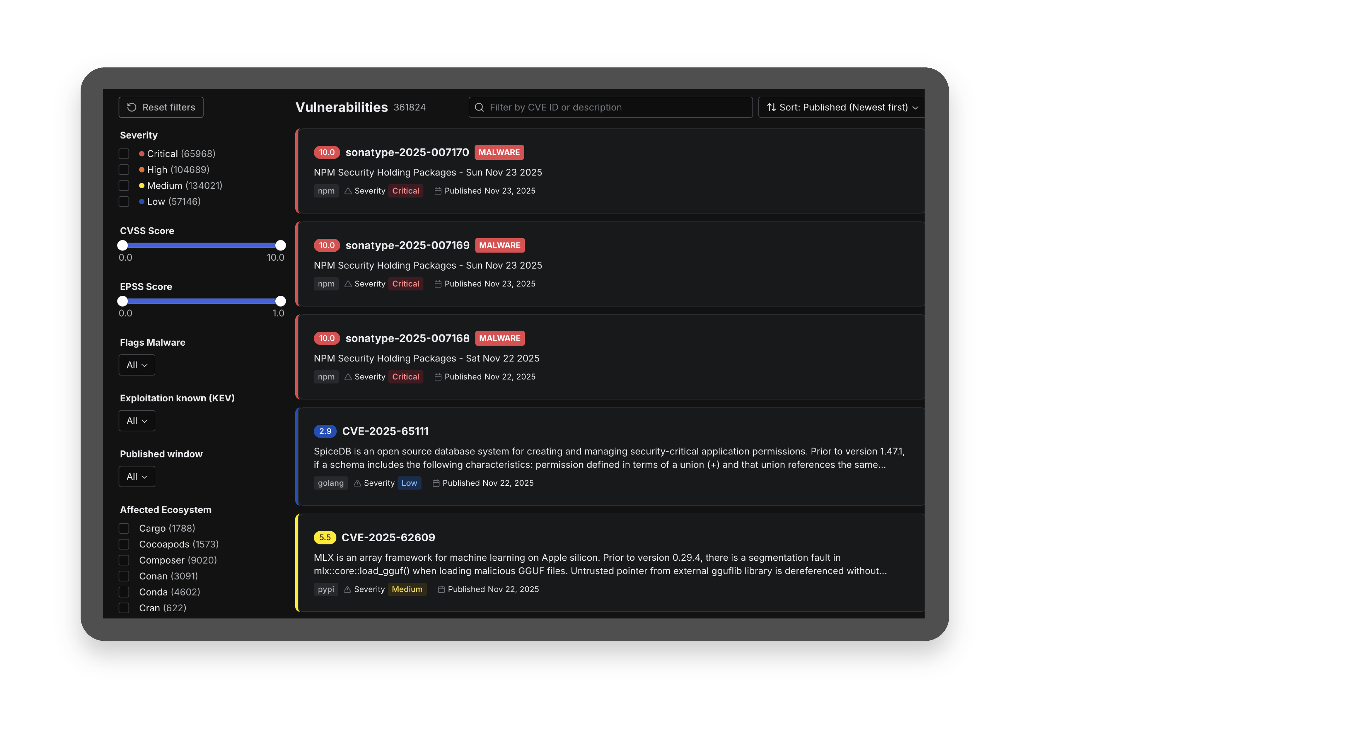 List view of CVEs to explore within Sonatype Guide.