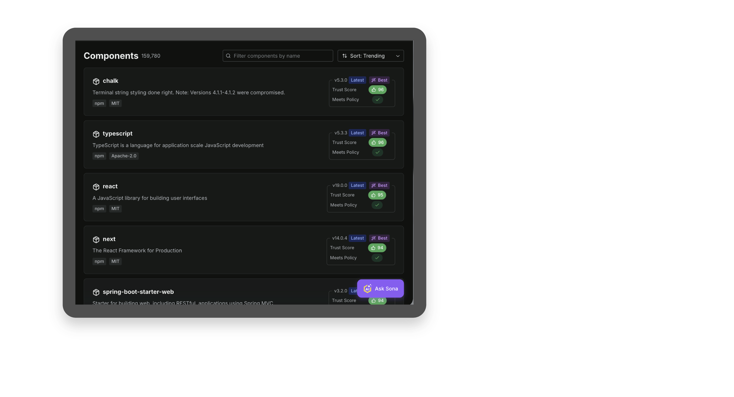 View of components to explore within Sonatype Guide.