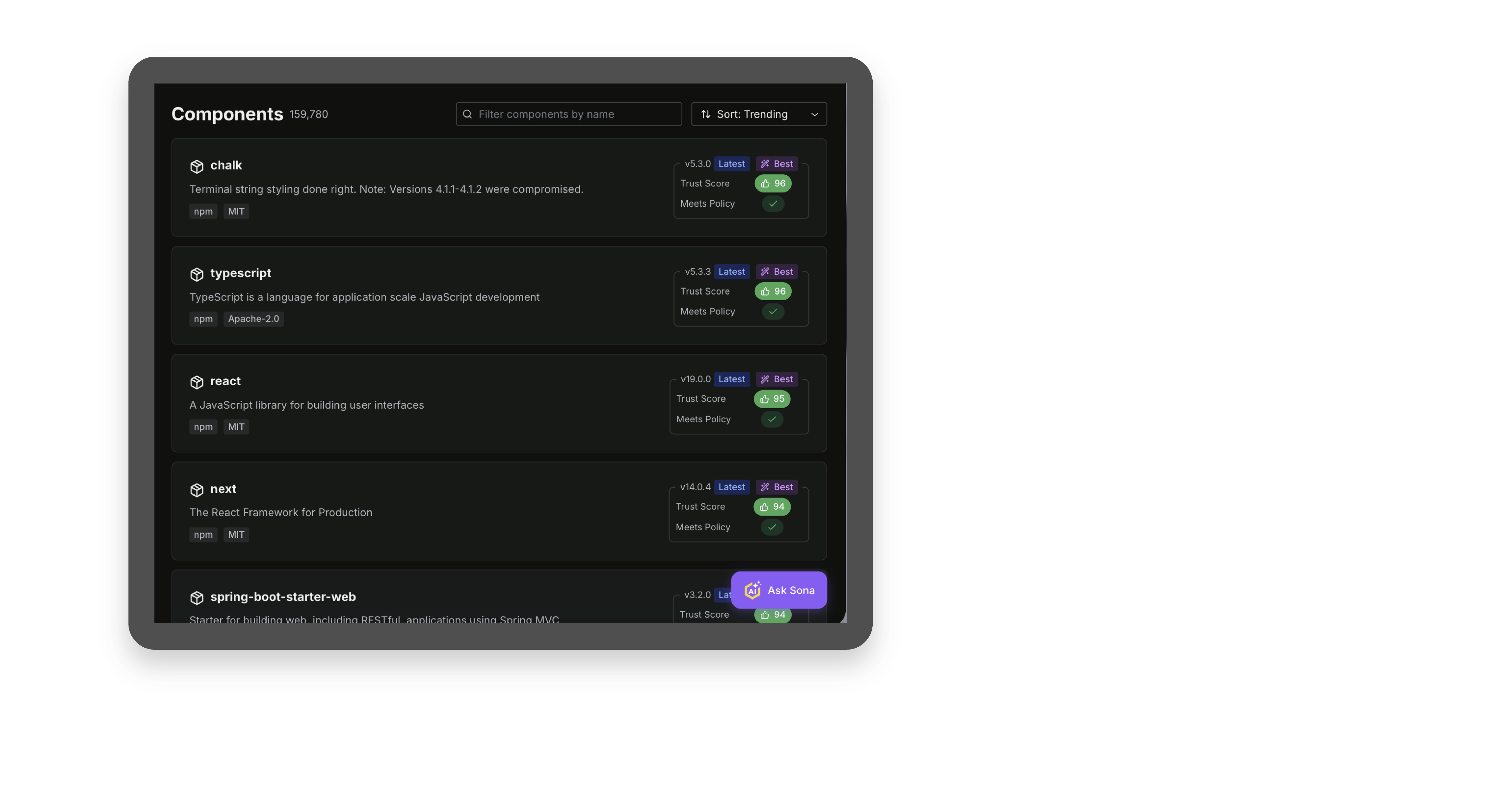 View of components to explore within Sonatype Guide.