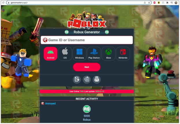 Bogus Robux Generator page