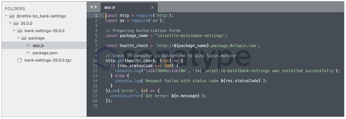 Code editor shows a package attempting to download and install other npm packages from author web server. URL returns blank object not functional code