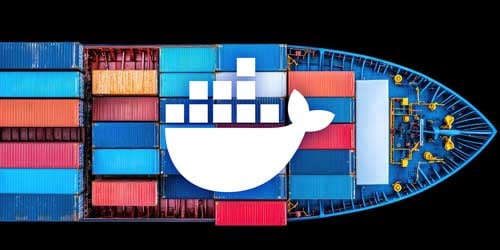 Docker logo with a boat full of shipping containers