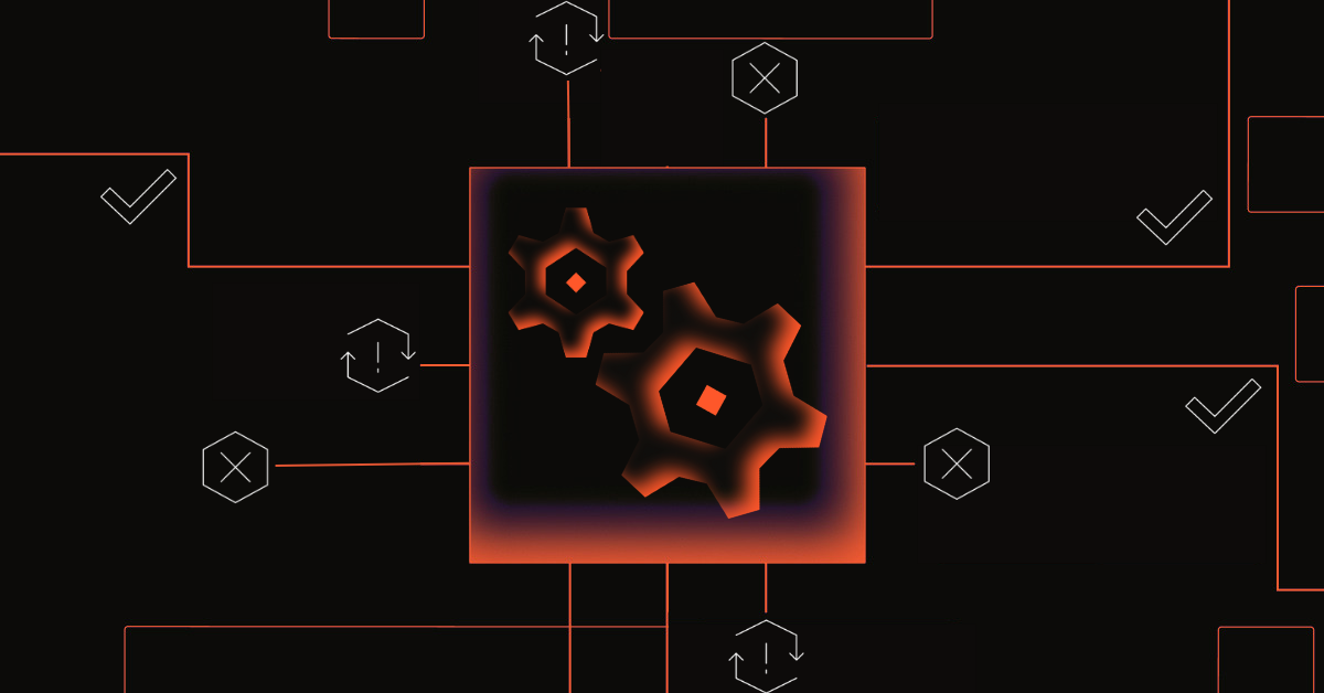 Image with a square shape at center containing two gear icons interlocked. The square is surrounded by checkmarks and notification icons