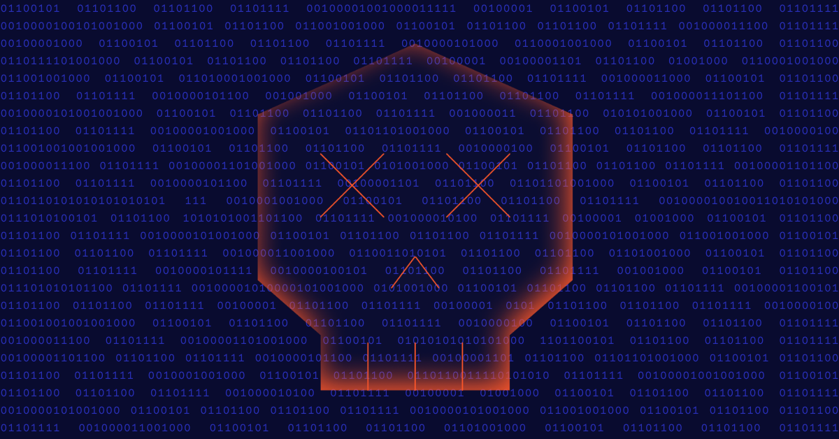 Image with human skull icon with eyes as letter x's and strings of computer code across the entire background