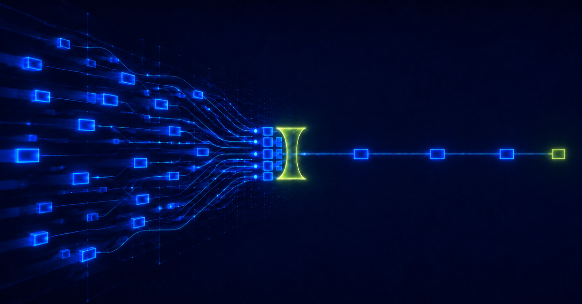 Image of code and software artifacts chaotically flowing into a central icon and appearing on the other side in an ordered linear path