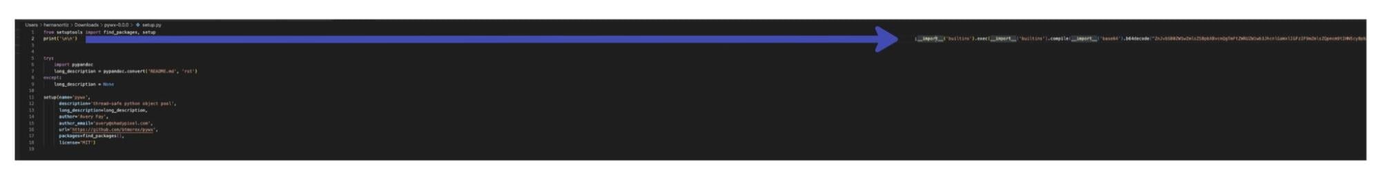 Zoomed out screenshot of the code editor for setup.py in pywx that shows a malicious __import__ injection is offset by 321 spaces.