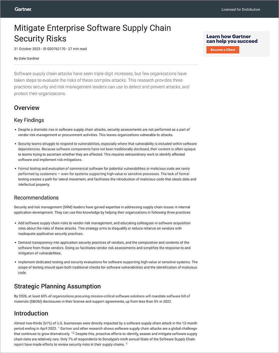 Mitigate Enterprise Software Supply Chain Security Risks Gartner® Report