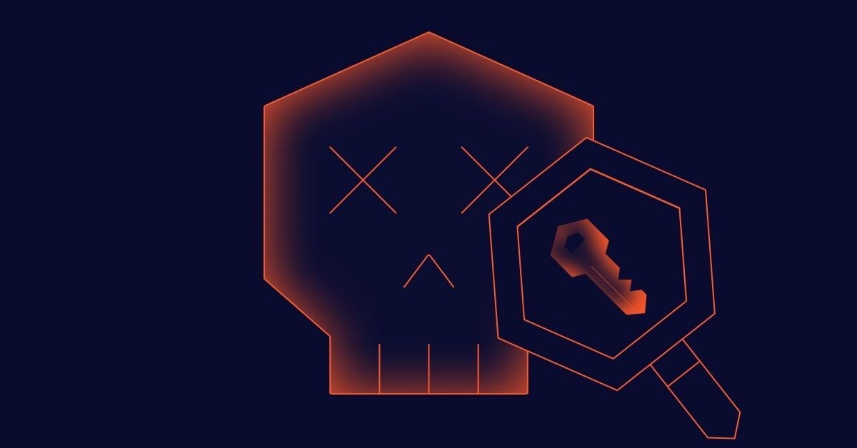 Image containing a large skull icon, signifying the dangers of malware. Next to the skull icon is a smaller shape of a key icon within concentric hexagons.
