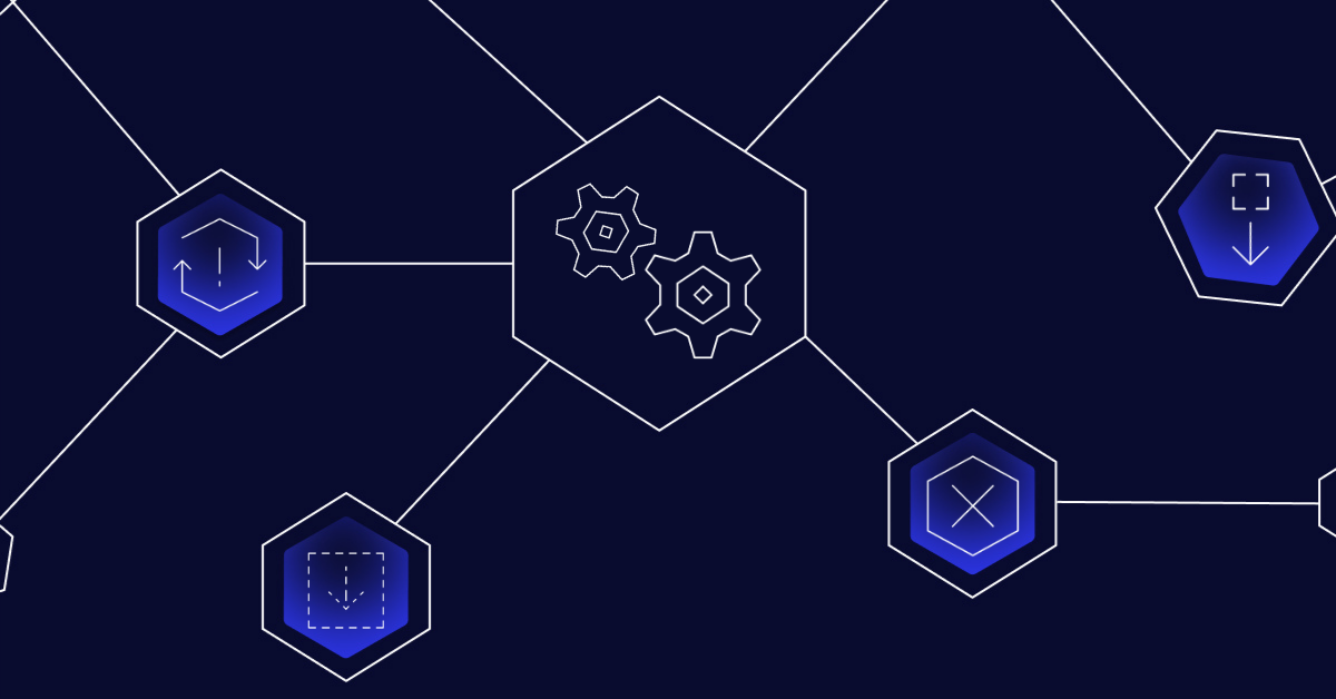 Image with multiple interconnected hexagon shapes containing various icons such as gears, notifications, and downward pointing arrows.