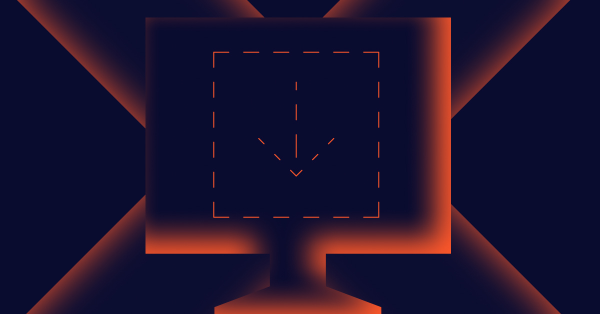 Image with a computer monitor at center containing a dotted line square with a downward pointing arrow