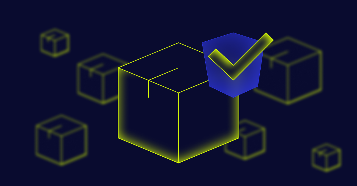 Image with multiple identical three-dimensional box icons with one at center alongside a checkmark icon.