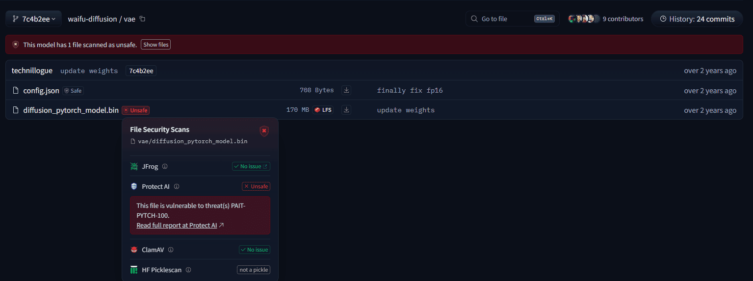 Picklescan and JFrog's scanning tools marked PyTorch model as safe at time of discovery. Picklescan and JFrog's scanning tools marked PyTorch model as safe at time of discovery.