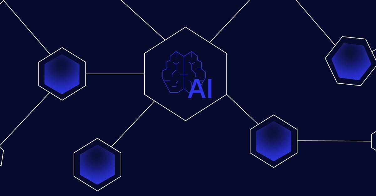 Image with interconnected hexagon shapes with one at the center containing a human brain icon next to the text 
