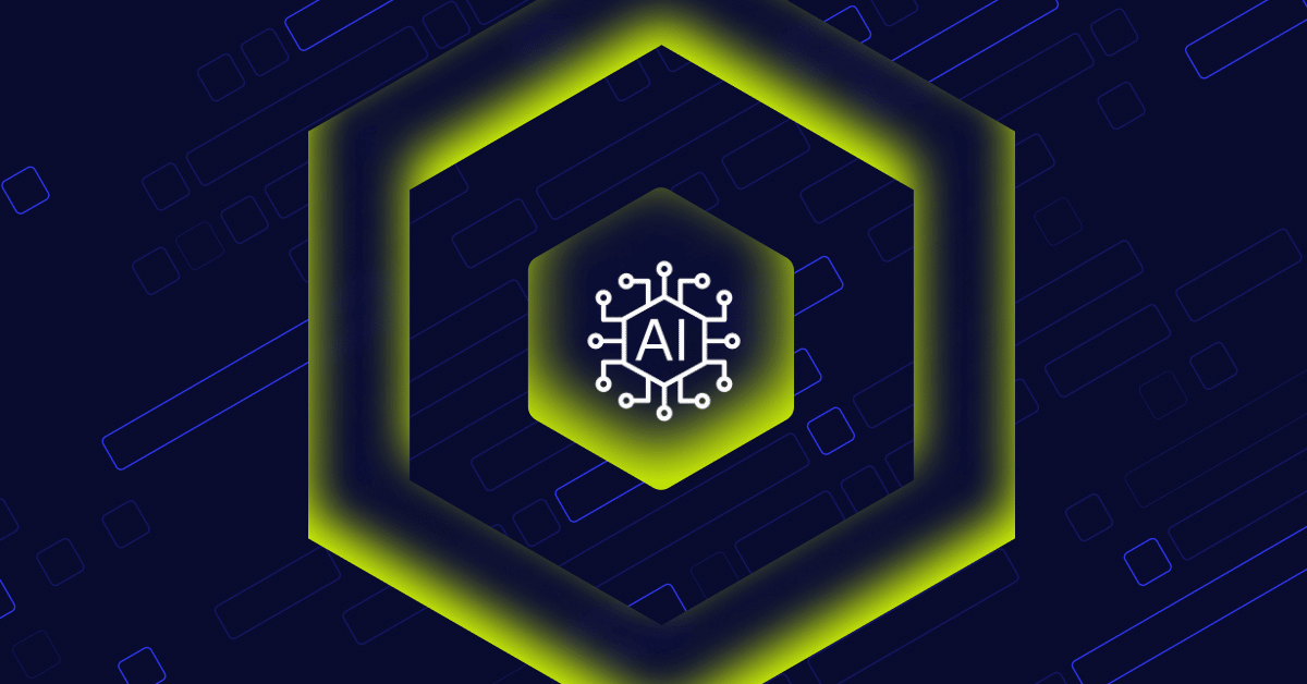 Image with hexagon shape at center within a larger hexagon shape, in the middle of which there is an icon of a software dependency web with the letters AI in the center