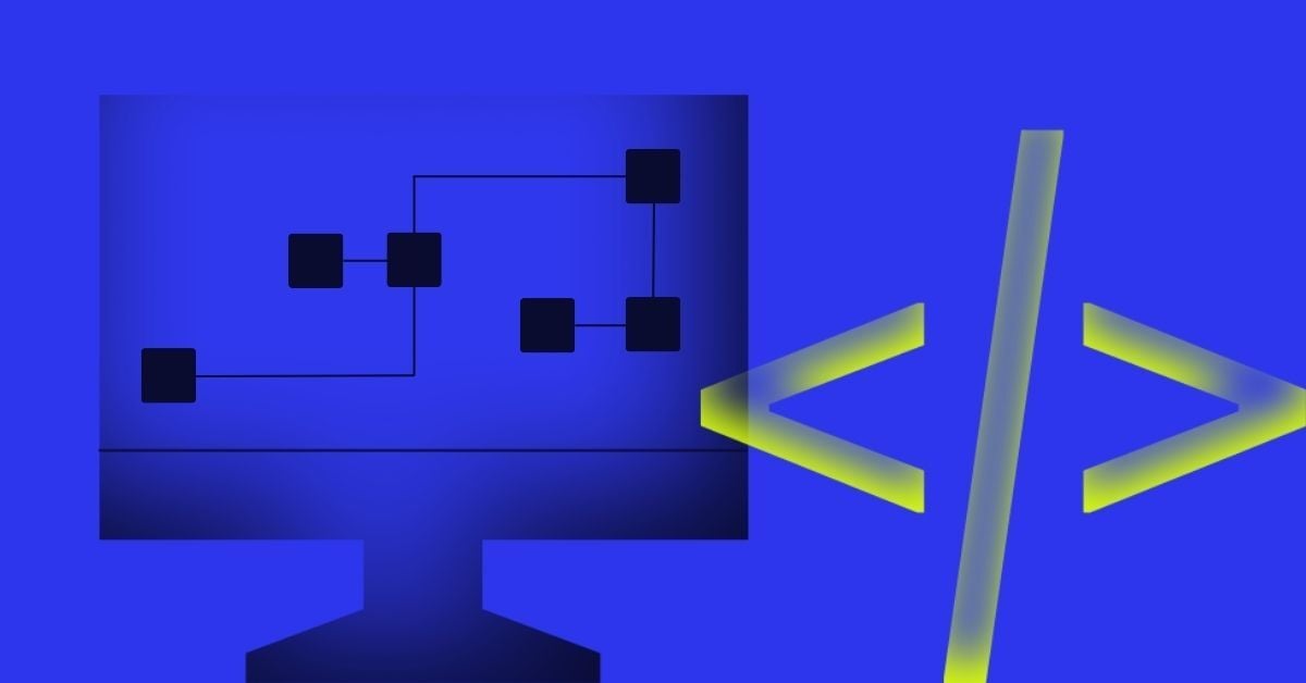 Image of a desktop computer icon next to an icon of code brackets