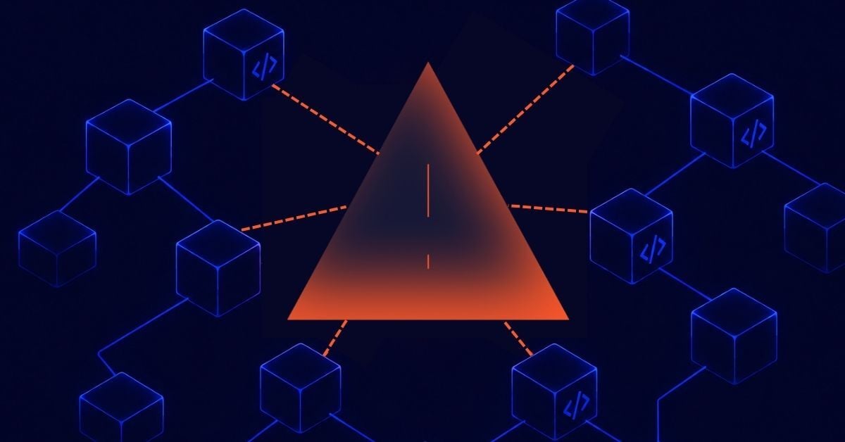 Image with triangle shape at center containing an exclamation point, signifying a notification icon. Triangle is at center of line connectors to square-shaped icons, signifying a web of dependencies.