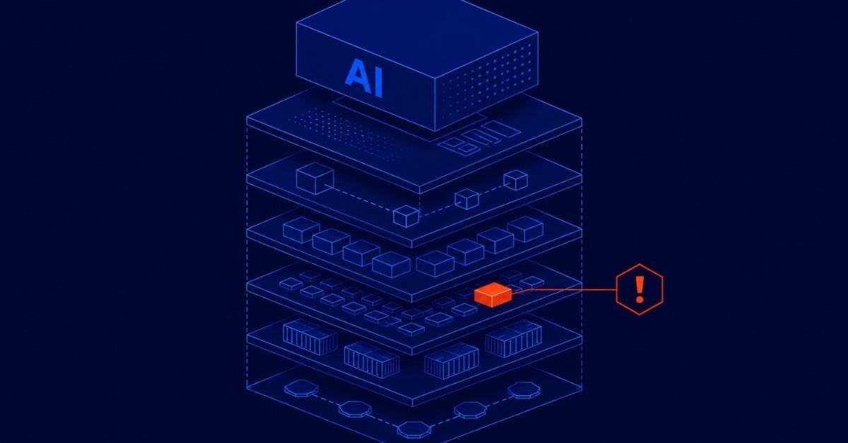 Visual representation of a software stack with square and rectangular shapes layered on top of each other with an AI labelled box on top and an icon of a red notification in the middle of the stack