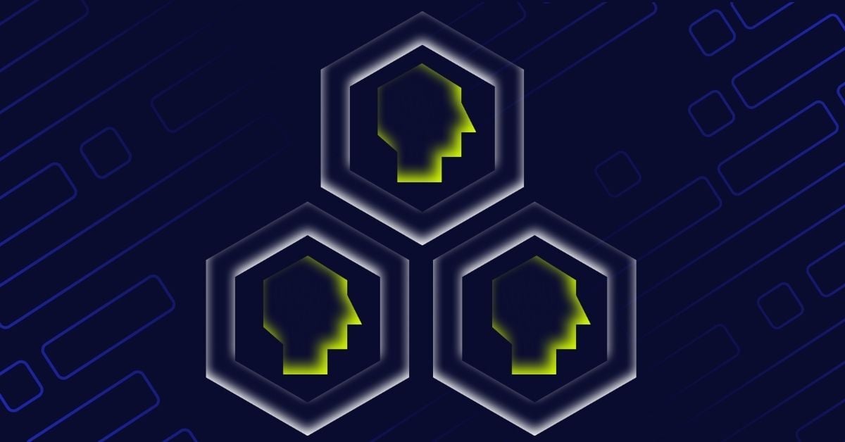Image with three conjoined hexagon shapes, each containing a human head icon