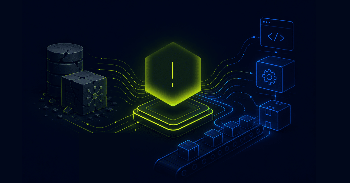 Image with hexagon shape at center containing an exclamation point, signifying a technology notification. Icons surrounding the hexagon comprise a software development life cycle, notably a code repository.
