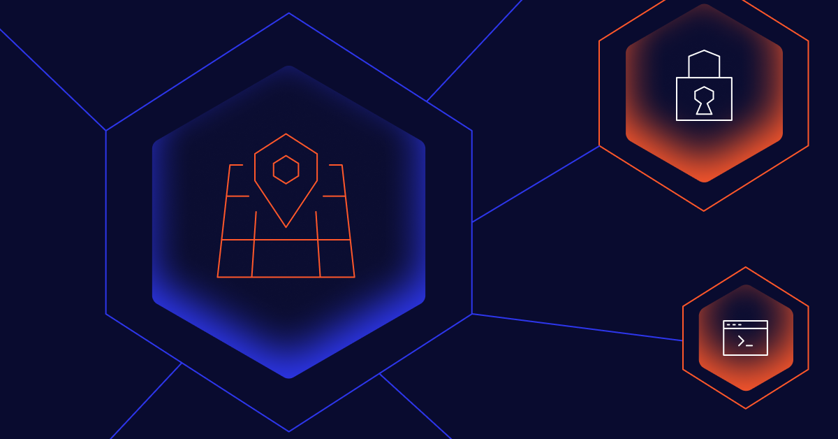 Image containing three different hexagon shapes, one with a lock icon, one with a mini screen and a caret for code writing, and one with a map icon.