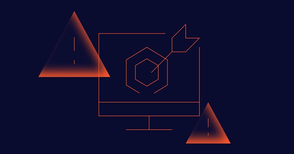 Image with monitor screen in the center containing a hexagon shape and arrow shot into it.
