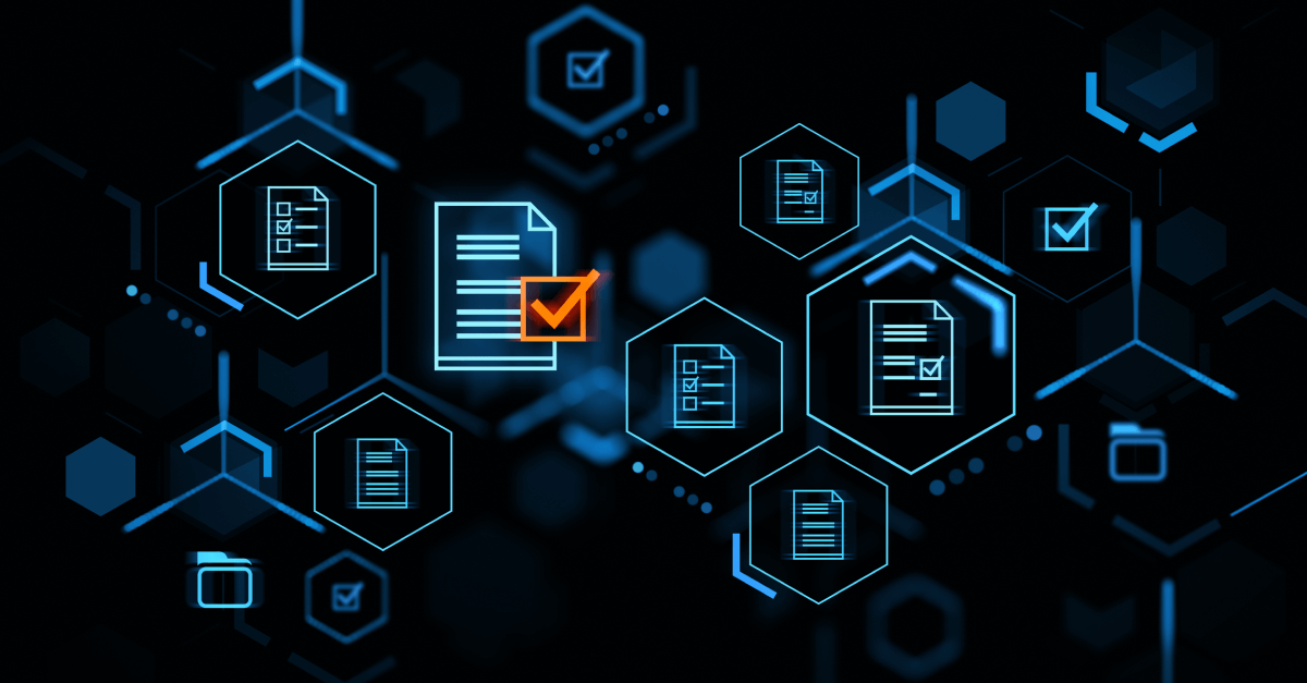 Digital screen with hexagonal shapes and document icons, representing a cybersecurity environment
