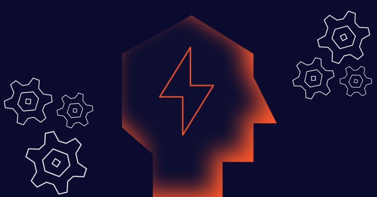 Image with an icon of a human head at center with lightning bolt in it and the head is surrounded by gear icons.