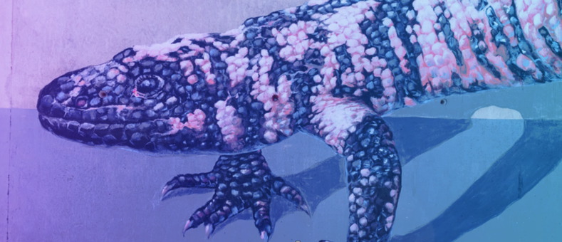 Stylized drawing of a large reptile
